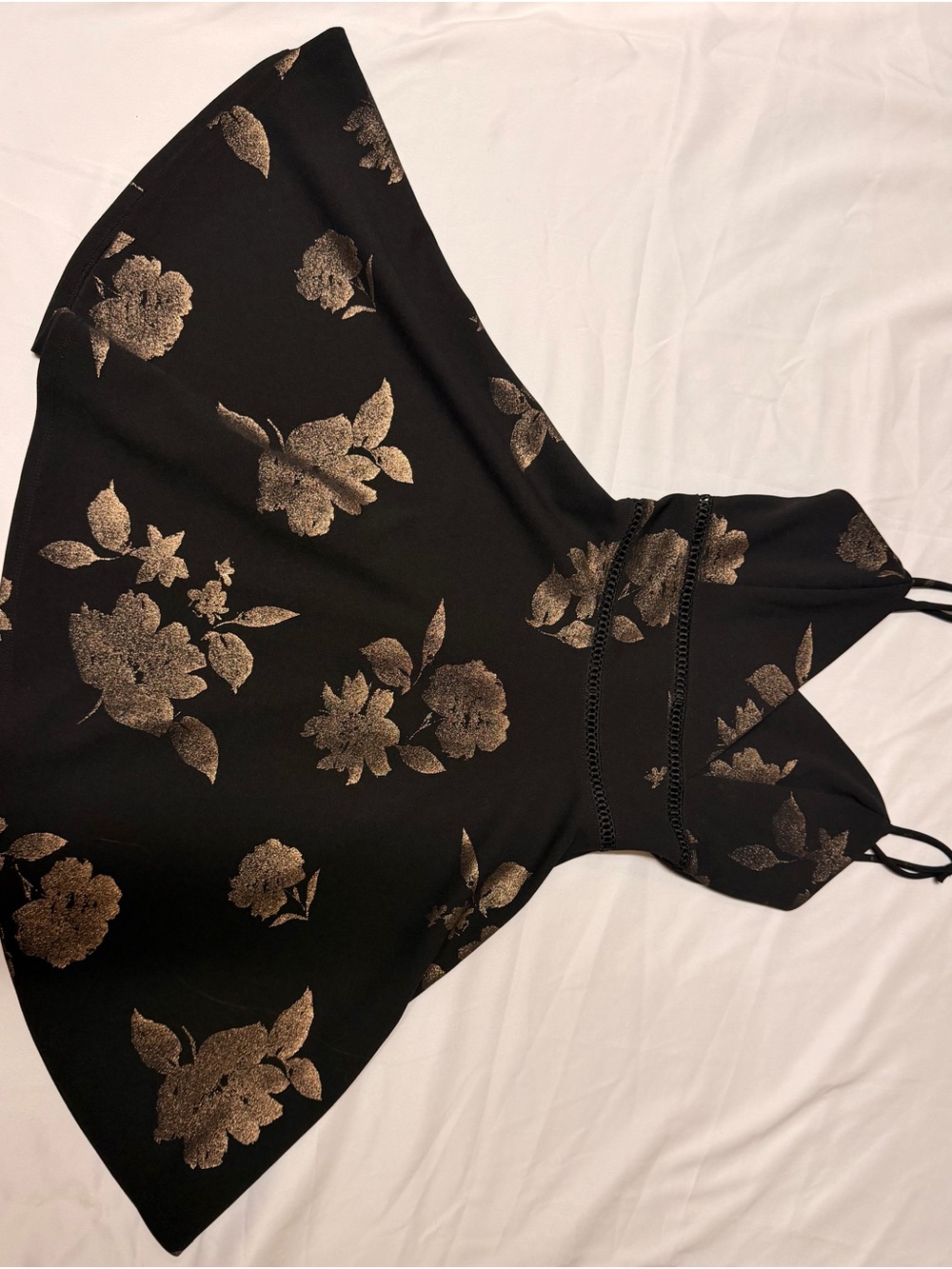 Francesca's Collections Black Mini Dress with Metallic Gold Floral